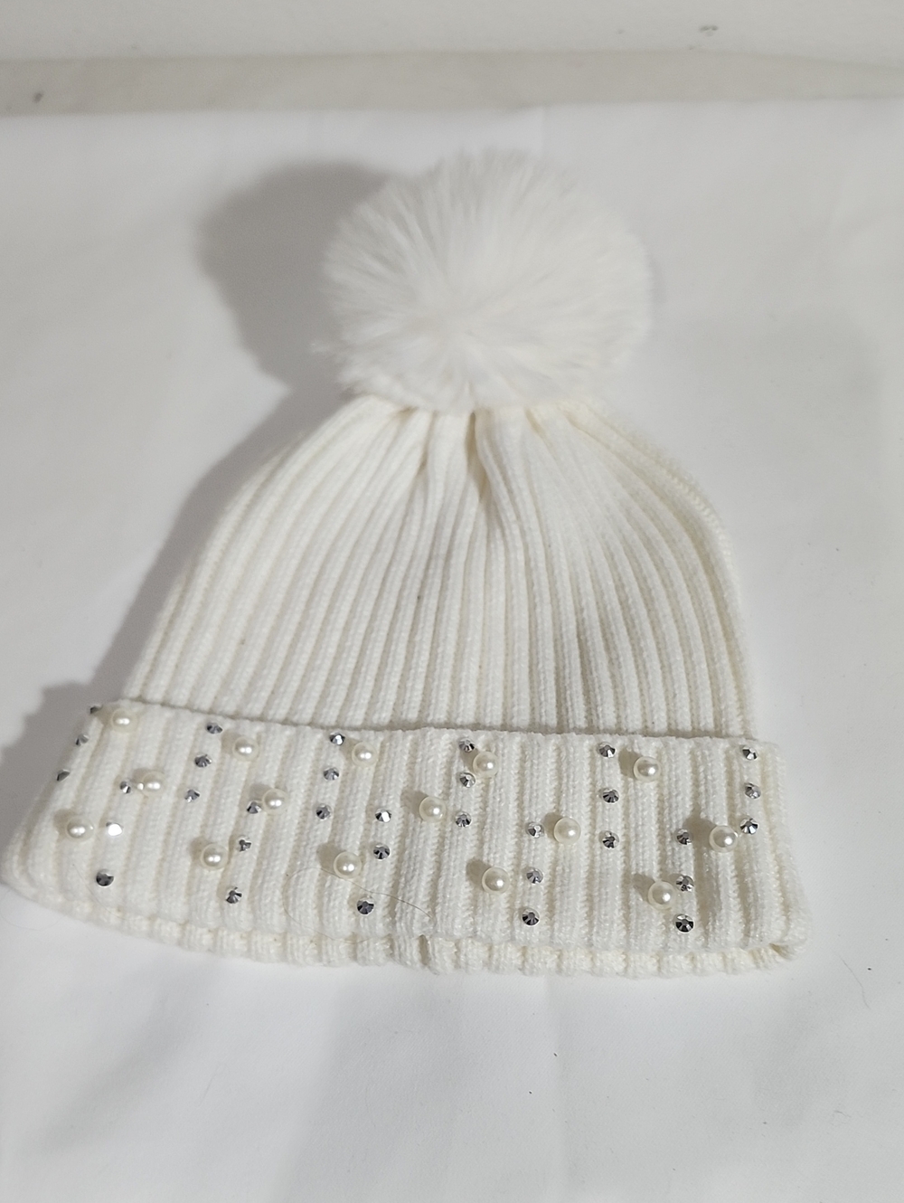 Women White Pom-Pom Beanie Hat with Pearls and Rhinestones